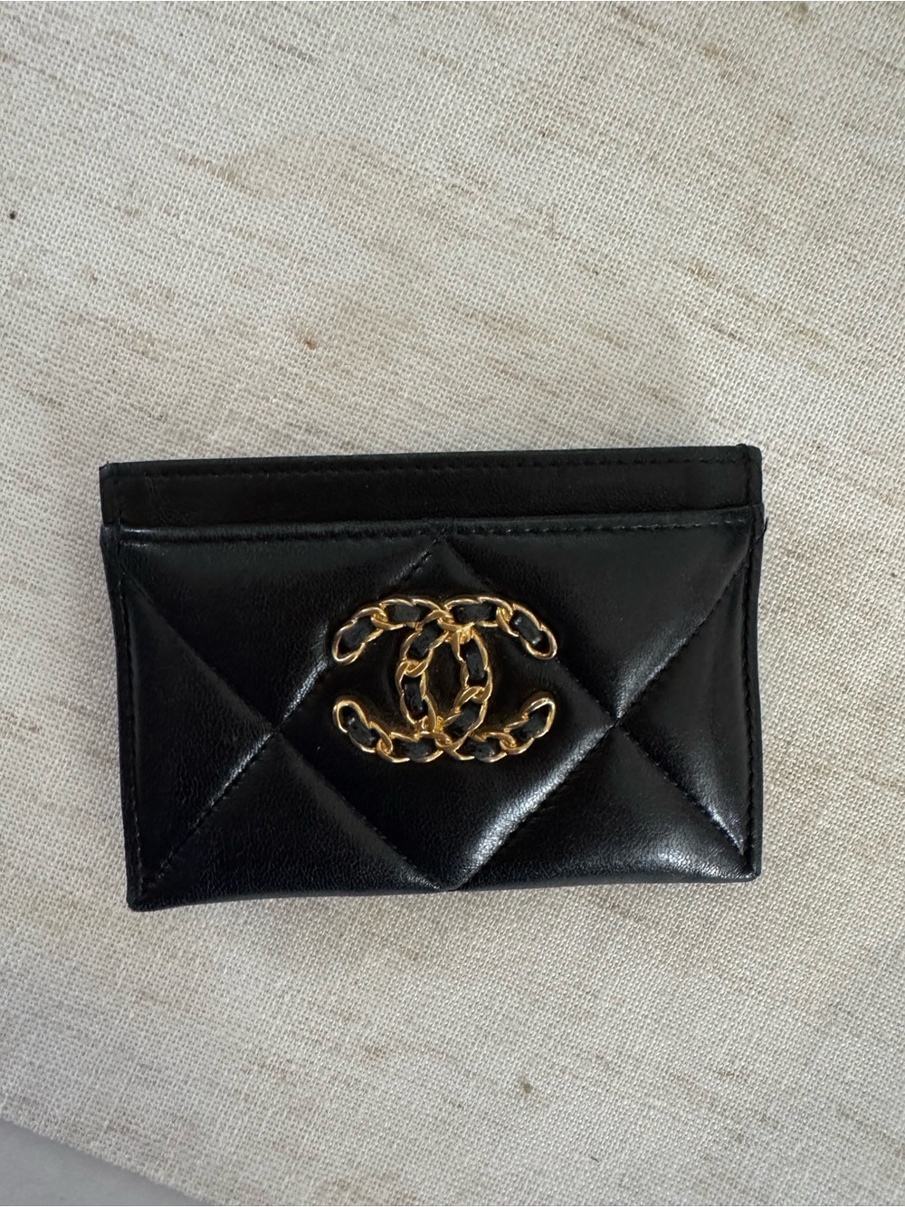 CHANEL Black Quilted Card Holder with Gold CC Chain Logo
